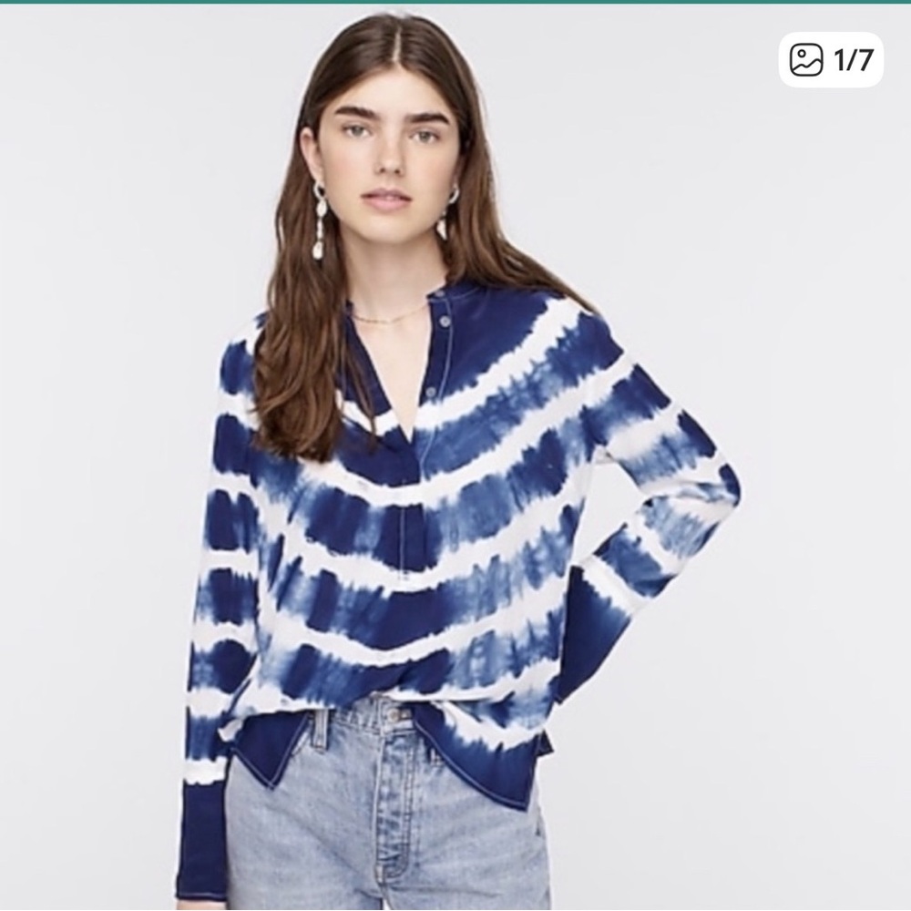 J. Crew 100% silk White and Blue tie dye Shirt
